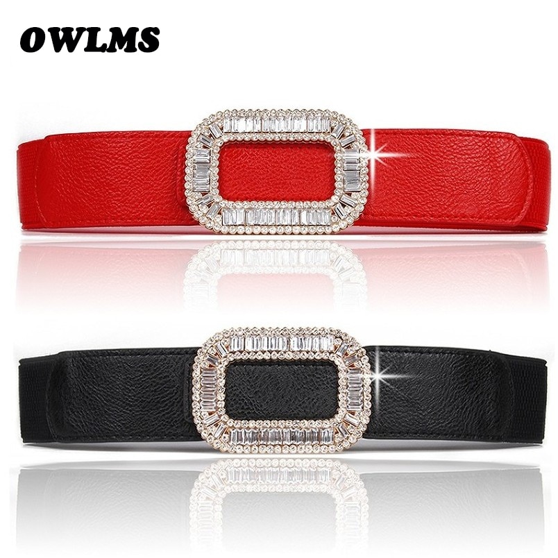 Faja elástica con diamantes de imitación para mujer, cinturilla ancha con hebilla de cristal, decorada con cuerpo femenino, color negro