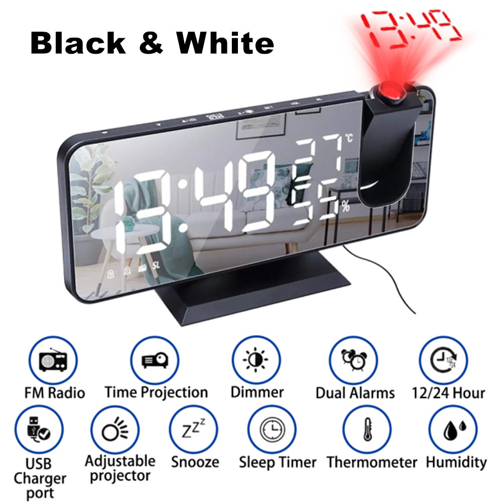 Led Spiegel Screen Projectie Wekker Weerbericht Radio Thermo-Hygrometer Digitale Klok Moderne Kantoor Slaapkamer Desktop Decoratie: A-Black and White