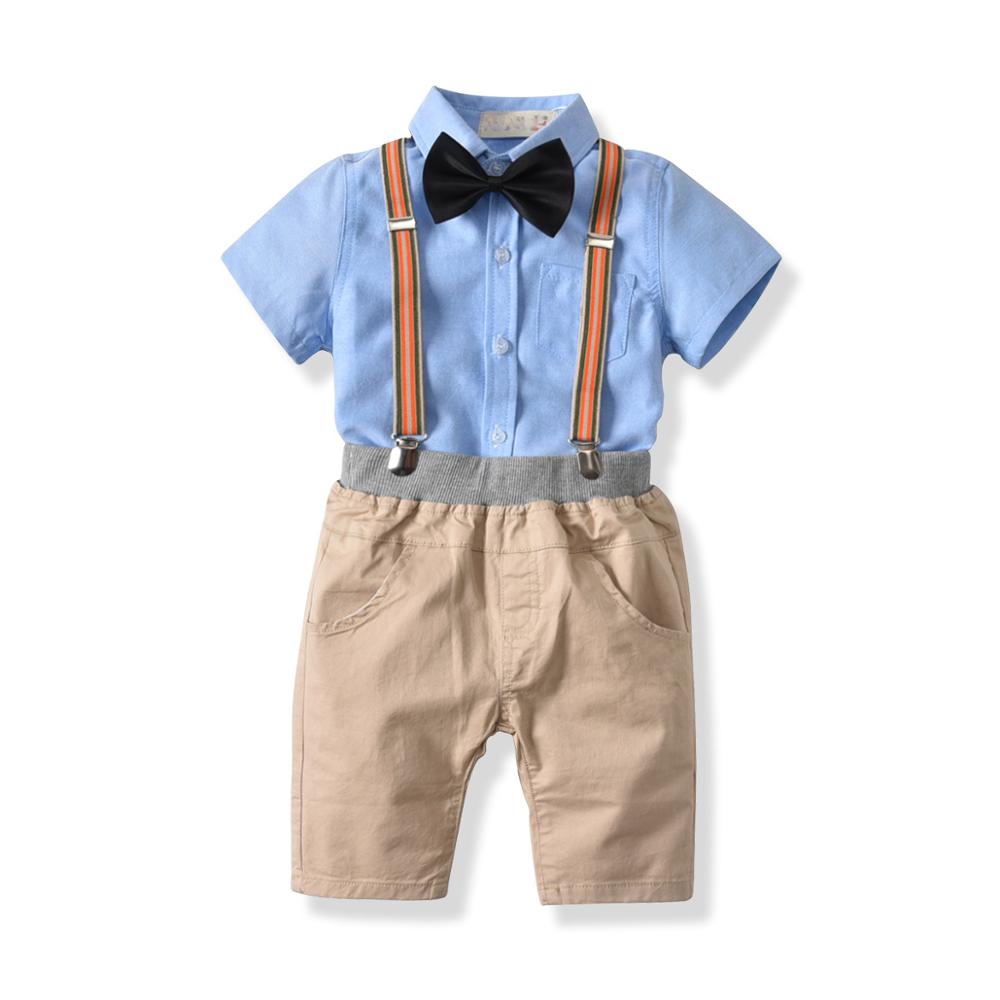 Boys Summer Bow Short sleeved Shirt+Strap Shorts Casual Gentleman Party Dress Two Piece Set