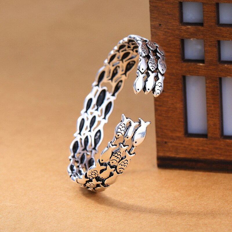 925 sterling sølv stabelbare fisk thai sølv armbånd armbånd vintage åbent manchet armbånd til kvinder mænd s -b276