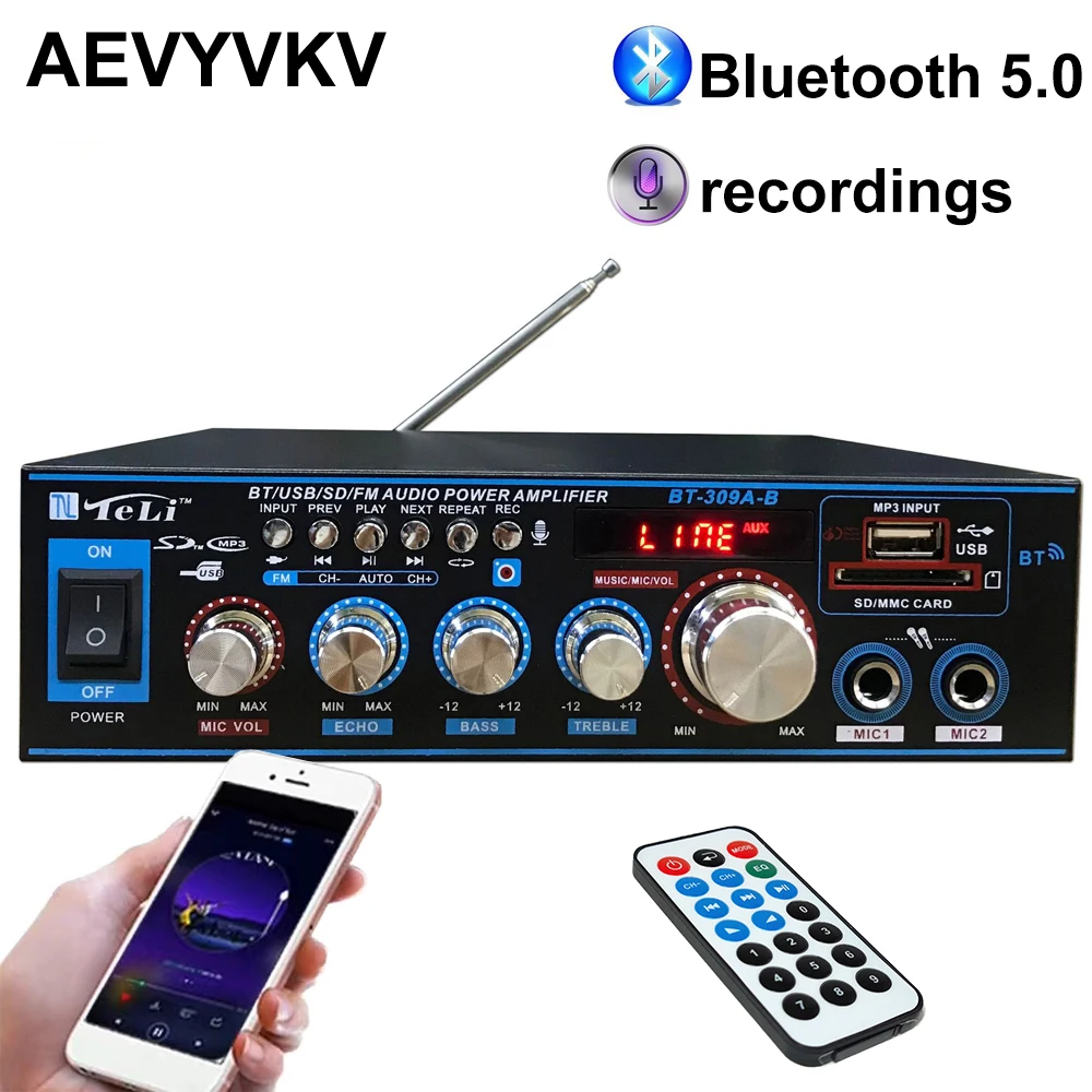 Home Audio Amplifier 100W Bluetooth 5.0 Class D Power Speaker Amp 2 Channel Support Bluetooth MIC RCA Recording FM Amplifiers