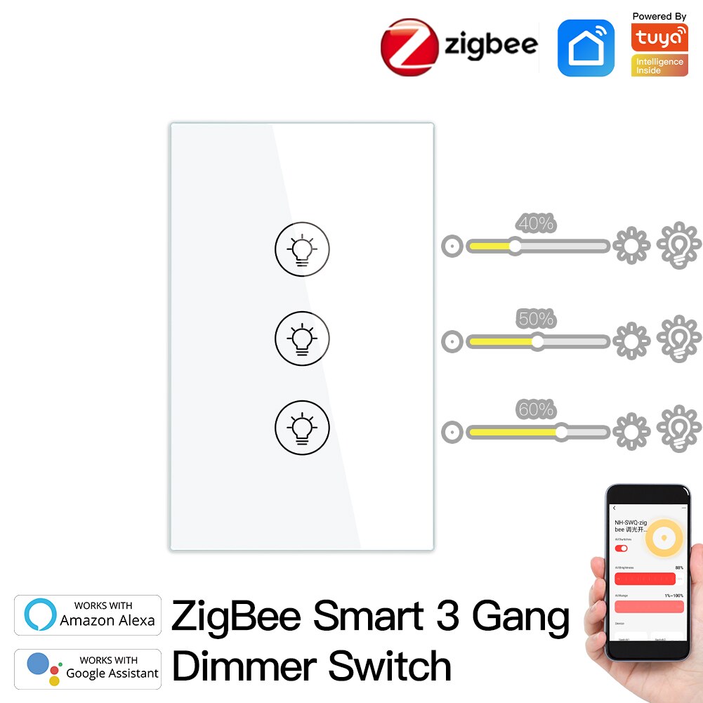 Smart ZigBee Multi-gang Light Dimmer Switch Independent Control Smart Tuya APP Control Works with Alexa Google Home 1/2/3 Gang: US 3 Gang White