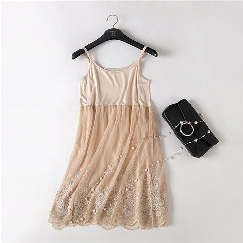 Summer medium-long spaghetti strap lace one-piece full slip female modal loose plus size sleeveless high waist basic underskirt: beige