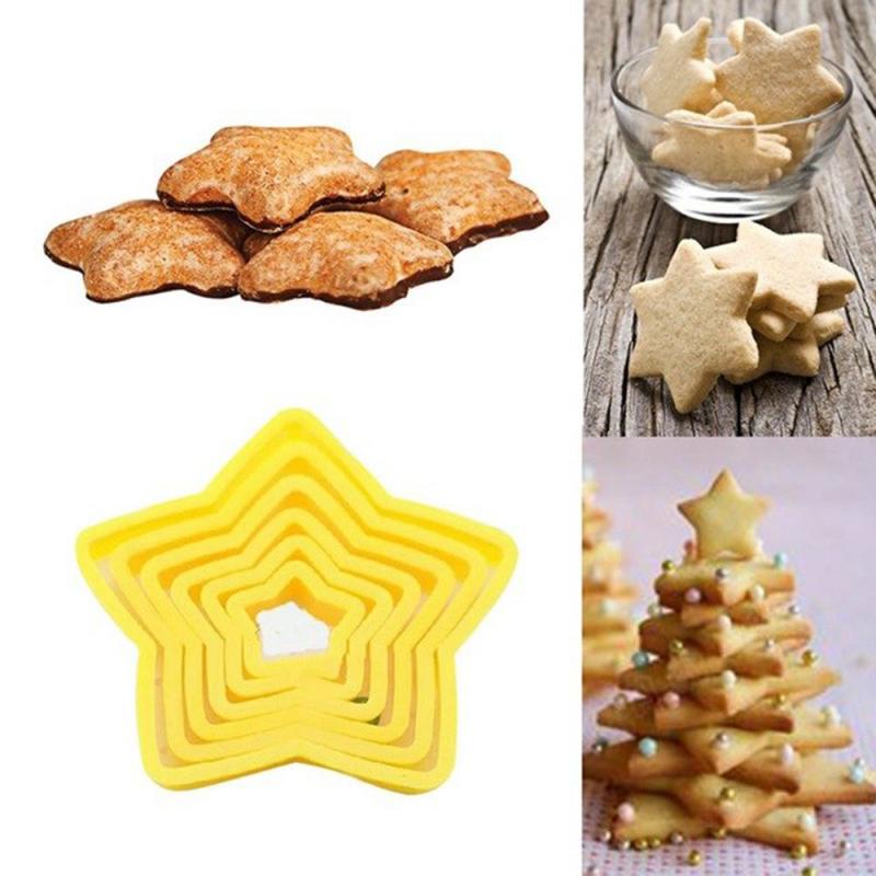 Kerst Cookie Cutters 6 Stks/set 3D Plastic Vijfpuntige Ster Biscuit Mold Diy Bakken Tools Fondant Cookie Cakevorm