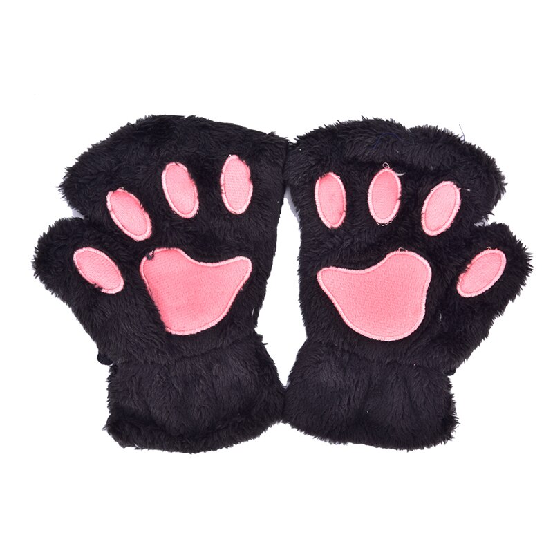 Soft Plush Short Fingerless Fluffy Bear Cat Gloves Costume Half Finger Black Beige Women Cute Cat Claw Paw Plush Mittens Warm: black