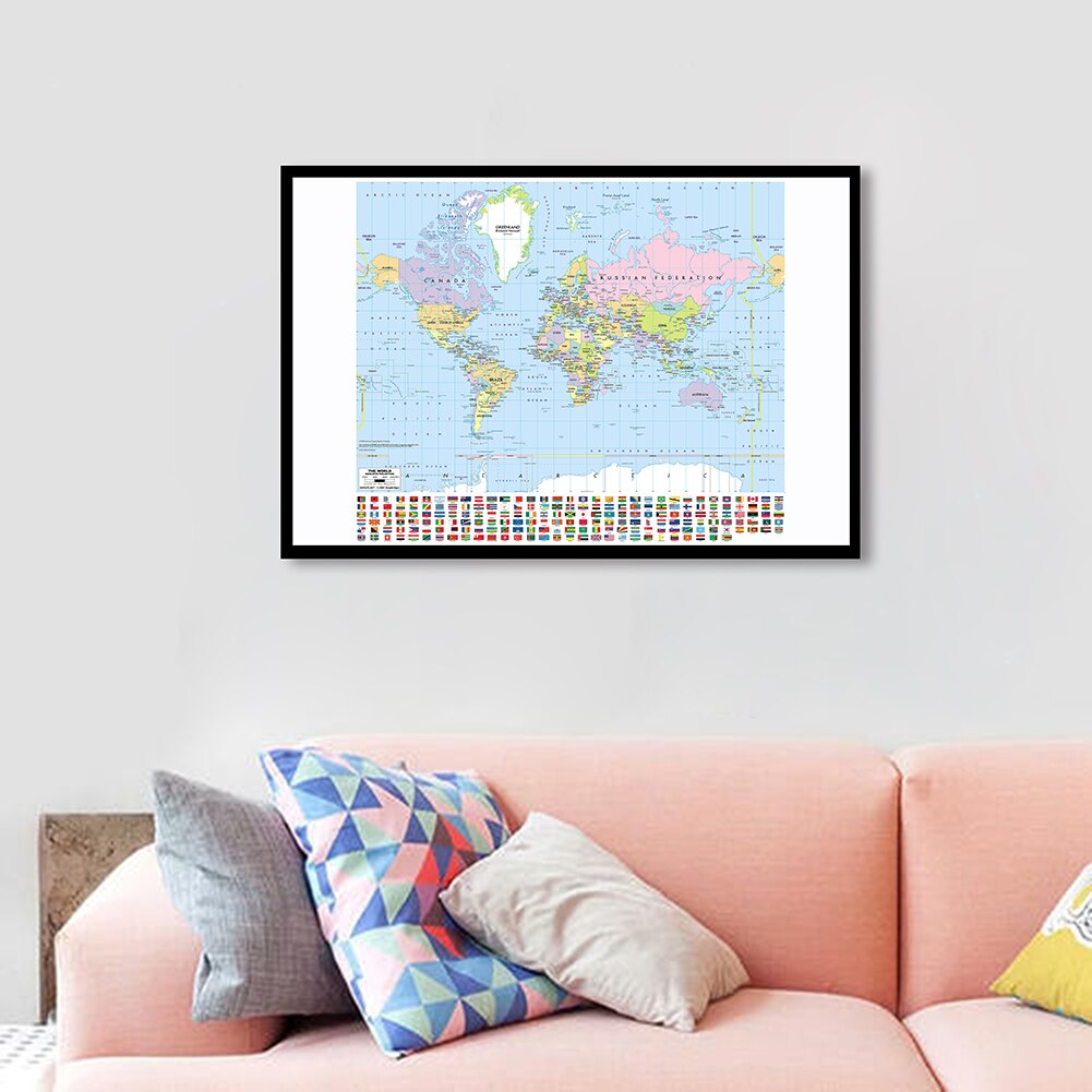 3*2 Feet Political Map of The World with National Flags Canvas Painting Wall Art Poster School Supplies Classroom Home Decor