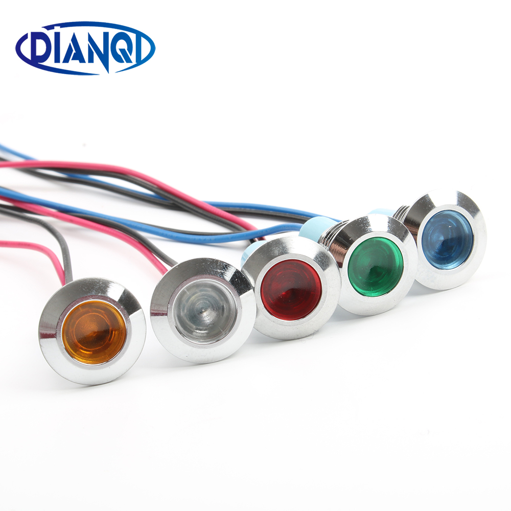 12mm vanntette metall flat rund indikator signallampe lys 3v 6v 12v 24v 220v med ledning rød gul blå grønn 12 zsd.x