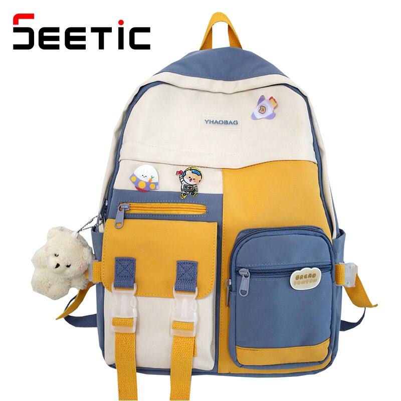Seetic Kawaii Nylon Vrouwen Rugzak Multi-Pocket Rugzak Voor Tiener Waterdichte Dame Laptop Rugzak Hoge Capaciteit Reistas Vrouwen: Blue Backpack / Without pendant