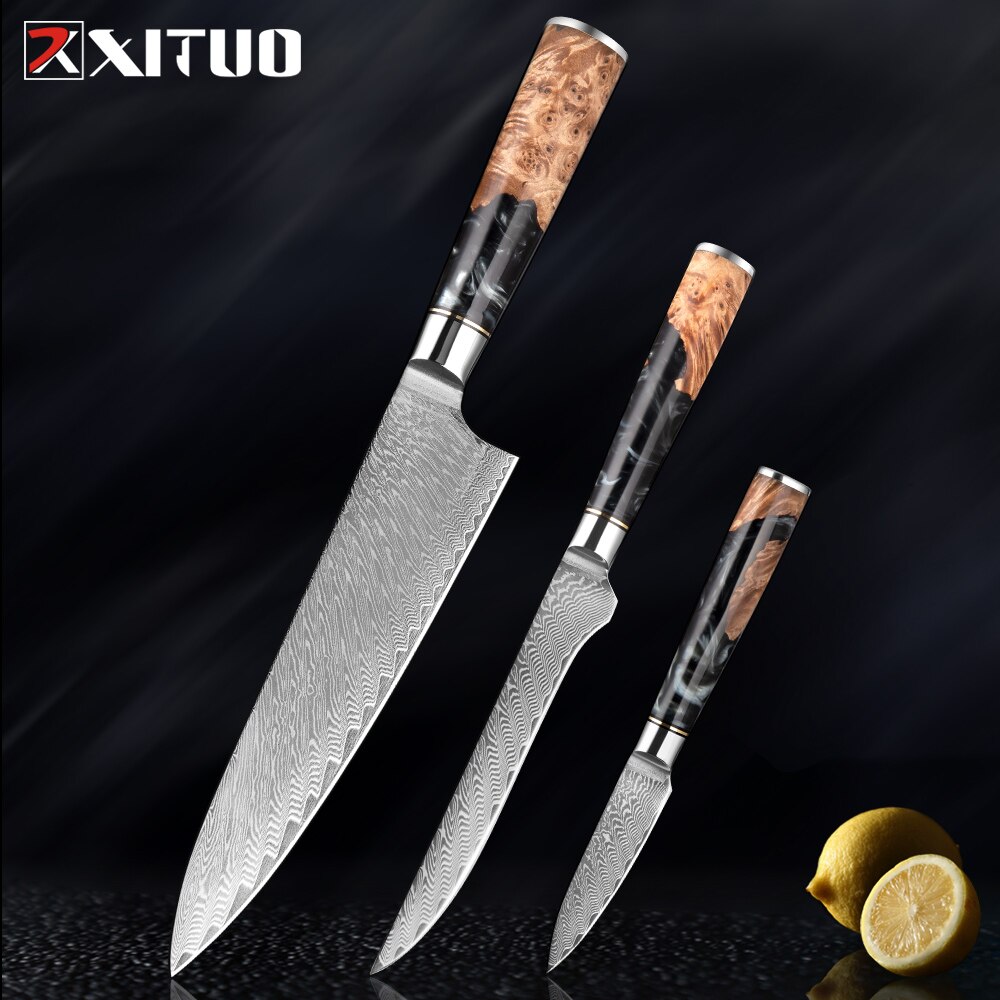 XITUO – ensemble de couteaux de cuisine en acier damas, couteau de chef japonais, couperet à pain utilitaire en résine et manche en bois stabilisé
