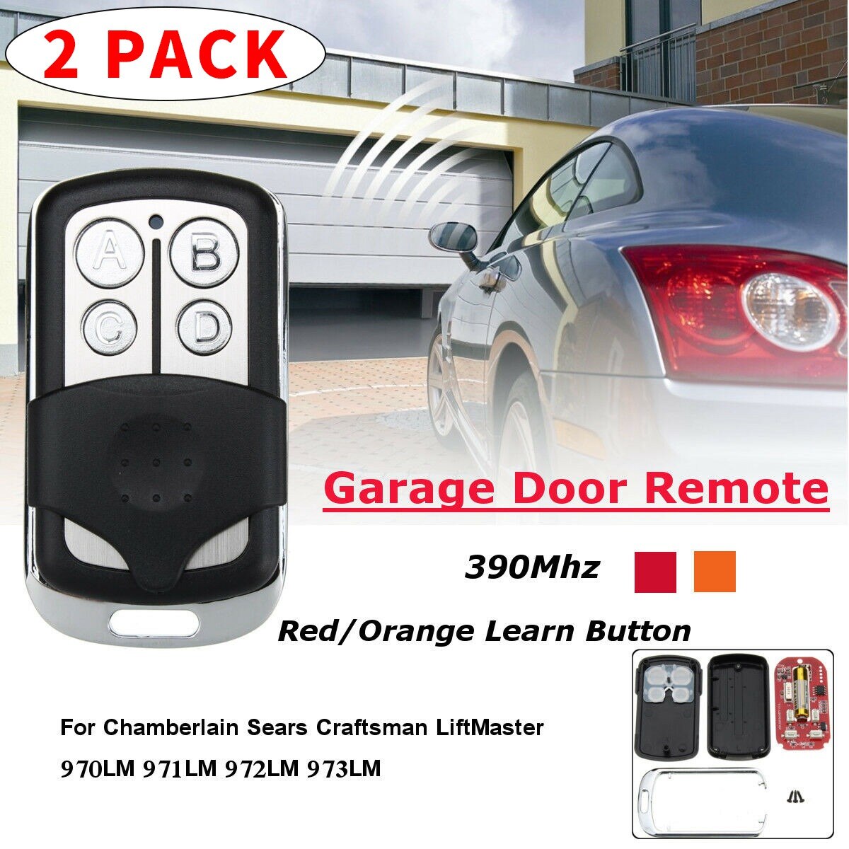 Garage Door Openers Remote Control Key 390Mhz 970LM for Chamberlain Sears Craftsman LiftMaster 2 Pack