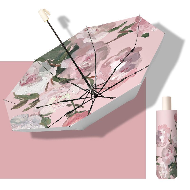 Paraguas de titanio plateado para mujer, Mini sombrilla automática con pintura, protección UV, sombrilla de bolsillo plegable, para viajes a la playa