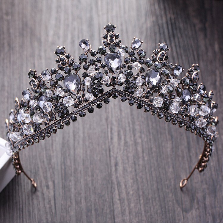 Di lusso Con Strass Diademi Nuziali Crown Barocco Argento Placcato di Cristallo Diadema per la Sposa Fasce di Cerimonia Nuziale Dei Monili Dei Capelli Accessori: Black With Beads