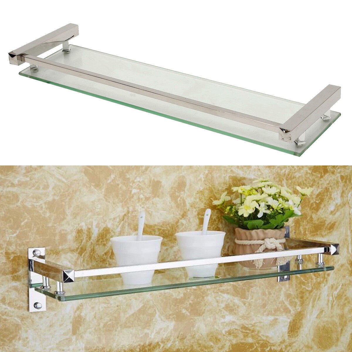 Bathroom Shower Shelf Glass Chrome Brass Shower Shelf Brass Base with Glass Tier Bathroom Hardware Wall Mount Shelf