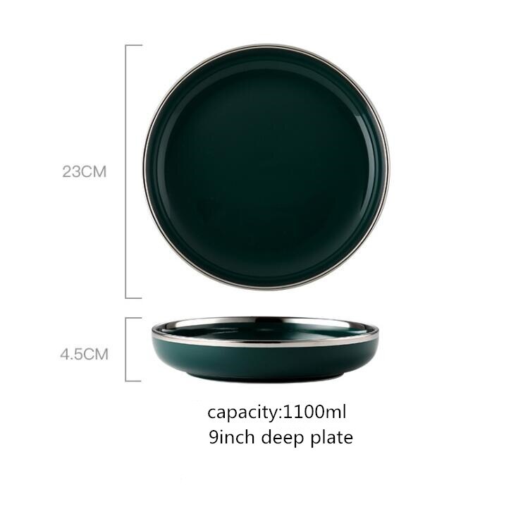 Zilveren rand retro nordic light luxe keramisch servies donkergroen servies serie hotel servies set westerse gerechten 1pc: 9 inch diep bord