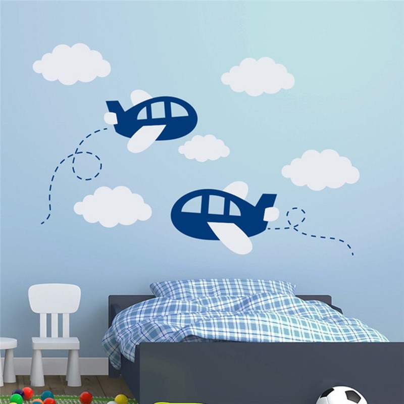 Airplane Wall Sticker Large Nursery Decor Wall Stickers For Kids Room Aircraft Wall Art Decals Plane Clouds Decal Art T180313