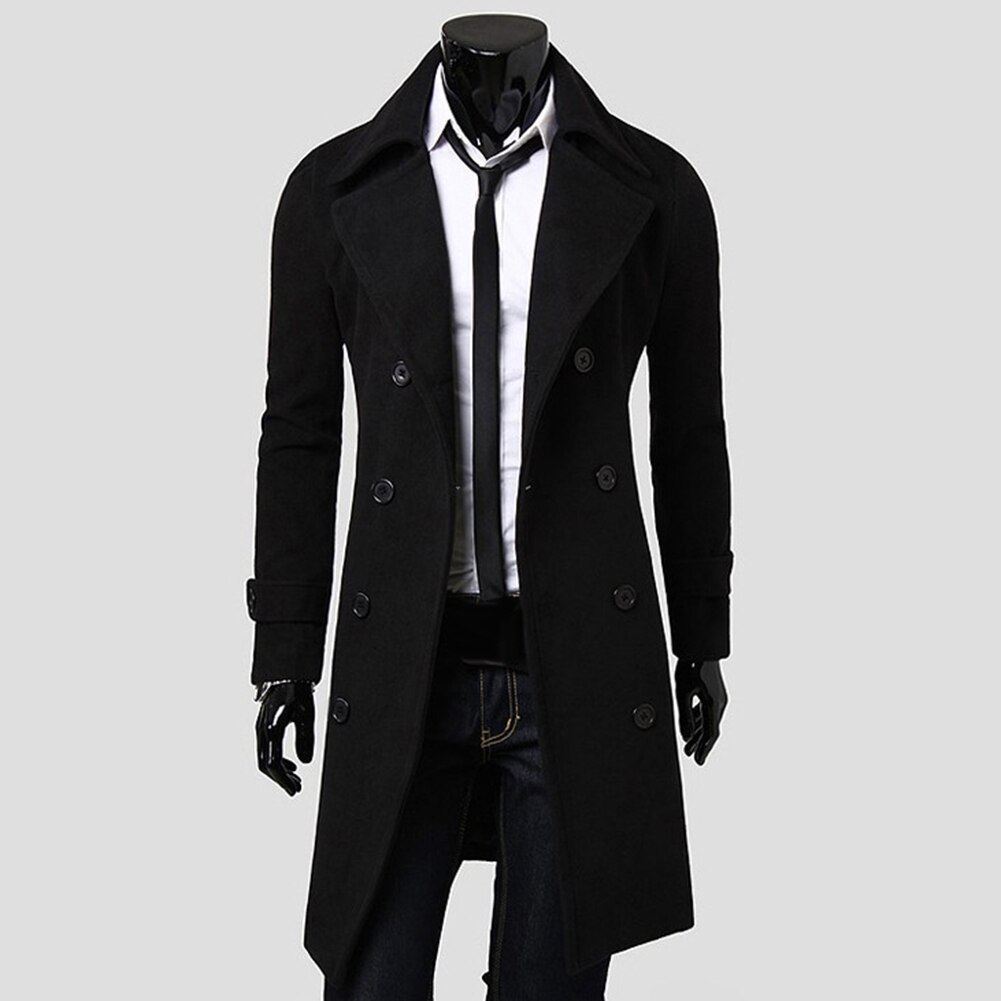 Mode Mannen Wollen Jas Winter Warm Solid Lange Geul Jas Breasted Business Casual Overjas Parka Man Jas Winter: Black / M