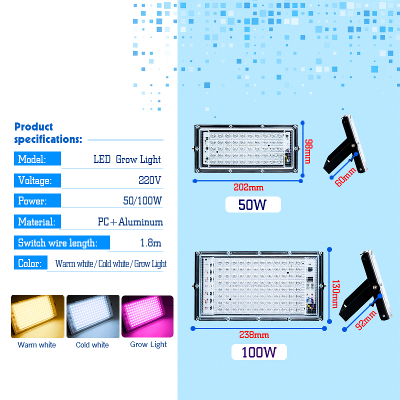 Lampe horticole de croissance LED, 50/100W, AC 220V, pour serre/chambre de culture, éclairage pour plantes