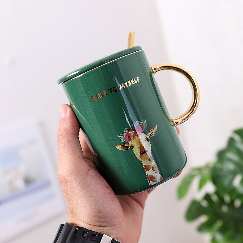 Guldgrønt hjorte mønster krus med ske låg, kontor business te krus drinkware krus, personlighed keramisk kaffekop