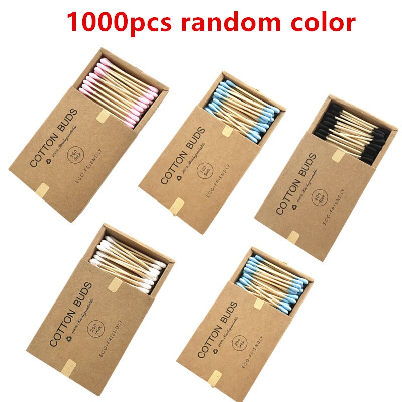 Boîte de coton tiges en bambou, emballage carton qui contient 1000 bâtonnets en bois, double embout, pour le soin des oreilles et du nez, accessoire de maquillage: 1000Pcs random color