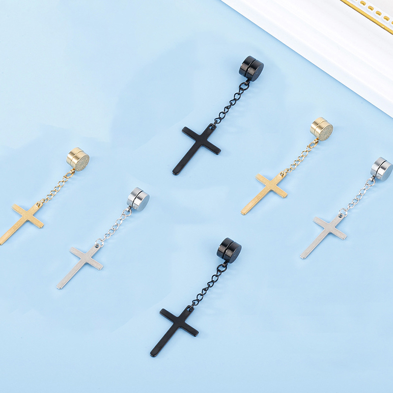 Punk hombres fuerte imán magnético Cruz oreja Stud Set pendientes no Piercing pendientes falsos para novio amante joyería