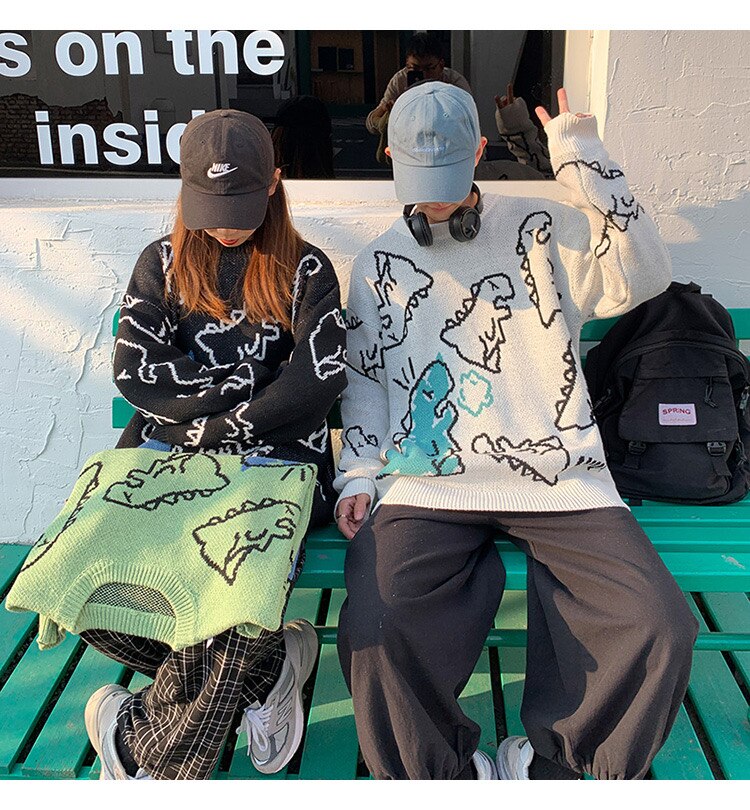 Suéter de punto Harajuku, ropa de calle con dibujo de dinosaurio de dibujos animados, ropa informal estilo Hip Hop, Tops informales verdes