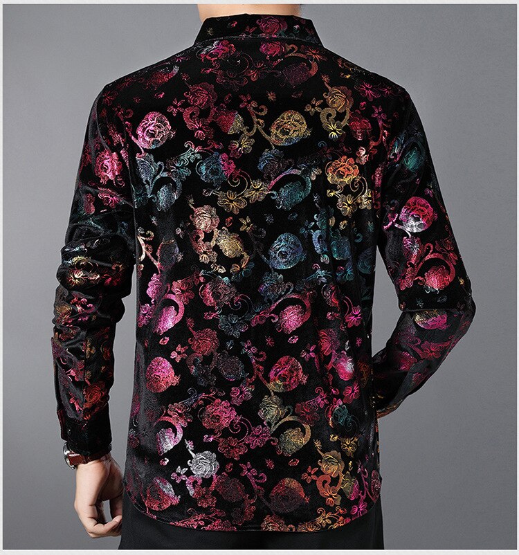 Camisa social masculina de veludo com estampa flor... – Vicedeal