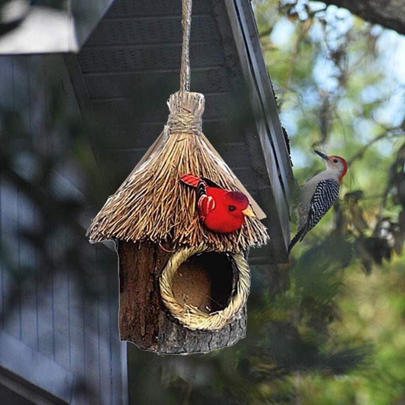 2Pcs Straw Hanging Wooden Birdhouse Bird Nest Bird Nest Garden Home Garden Parrot Canary