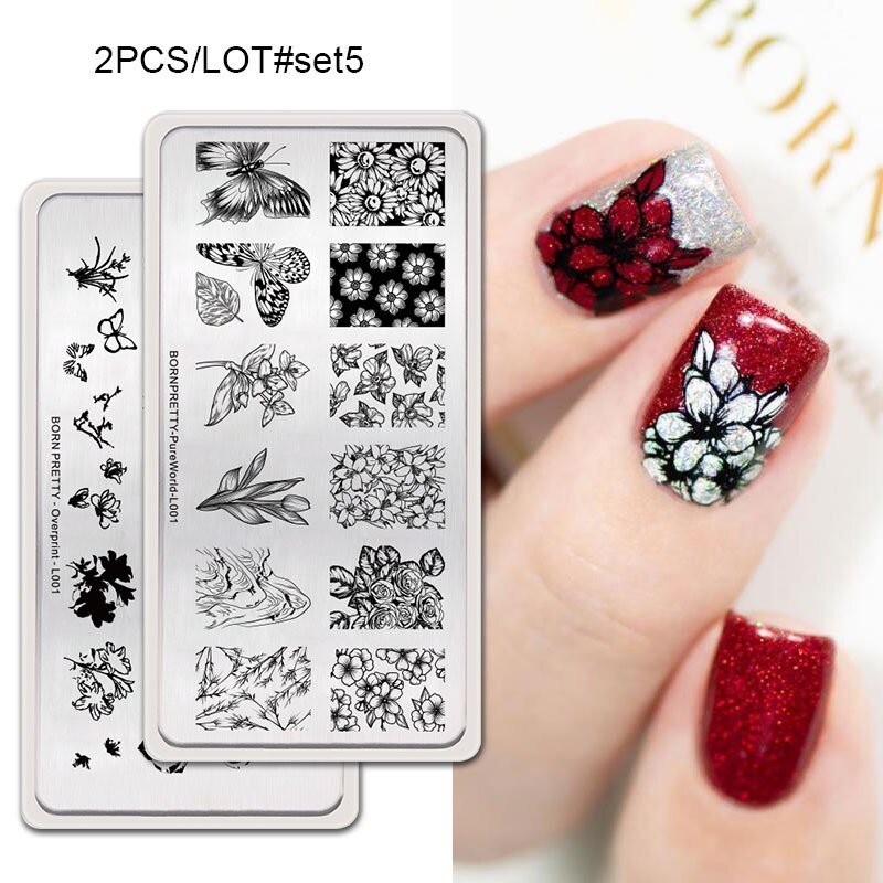 GEBOREN ZIEMLICH 2Pcs Nagel Stanzen Platten Set Rechteck Blume Geometrische Muster Nail art Bild Stempel Vorlage DIY Maniküre