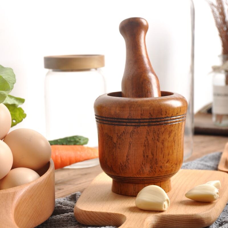 Bonsde Knoflook Jar Mortel Oude Mode Houten Grinder Ronde Glad Hand Gepolijst Stamper Set Voor Grind Kruiden Kruiden Korrels Peper
