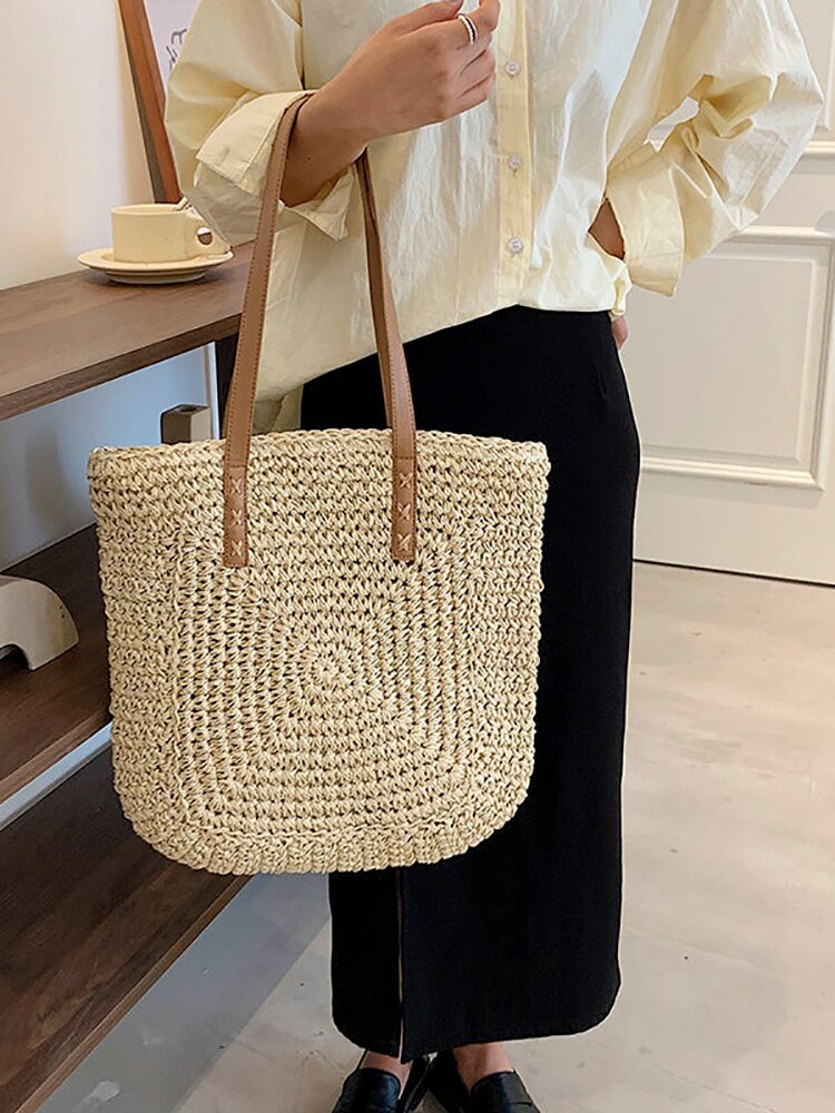 Borsa da donna intrecciata estiva borsa da donna in paglia di grande capacità Shopper Beach borse fatte a mano di Design per donna borsa a tracolla femminile di moda: Beige