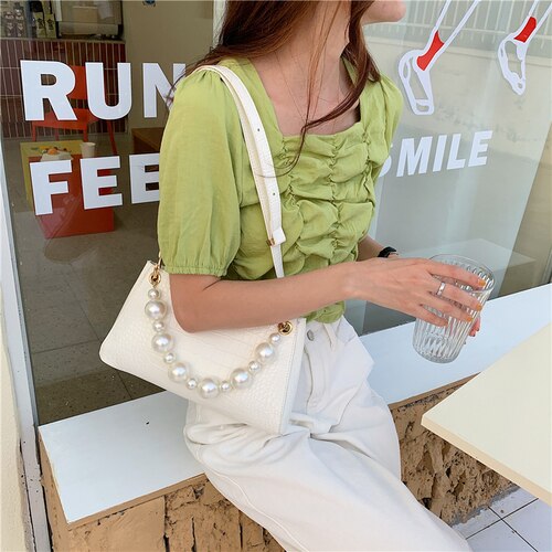 Bag Female Spring and Summer Crocodile Baguette Shape Bag France Small Shoulder Bag Underarm Handbag: white pearl