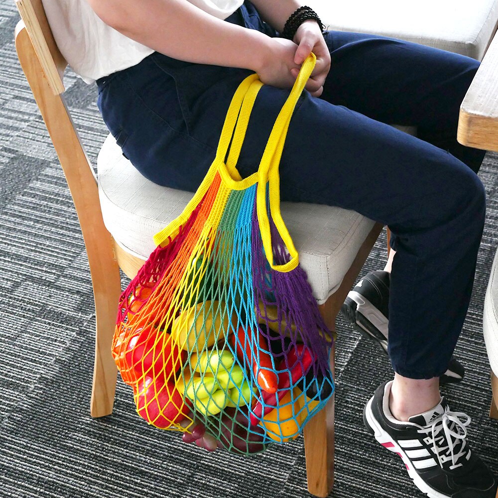 Neue Gittergewebe Einkaufstasche wiederverwendbar Schnur Obst Lagerung Handtasche Totes Frauen Regenbogen Einkaufen Gittergewebe Netto gewebte Tasche Einkaufen Lebensmittel Tasche