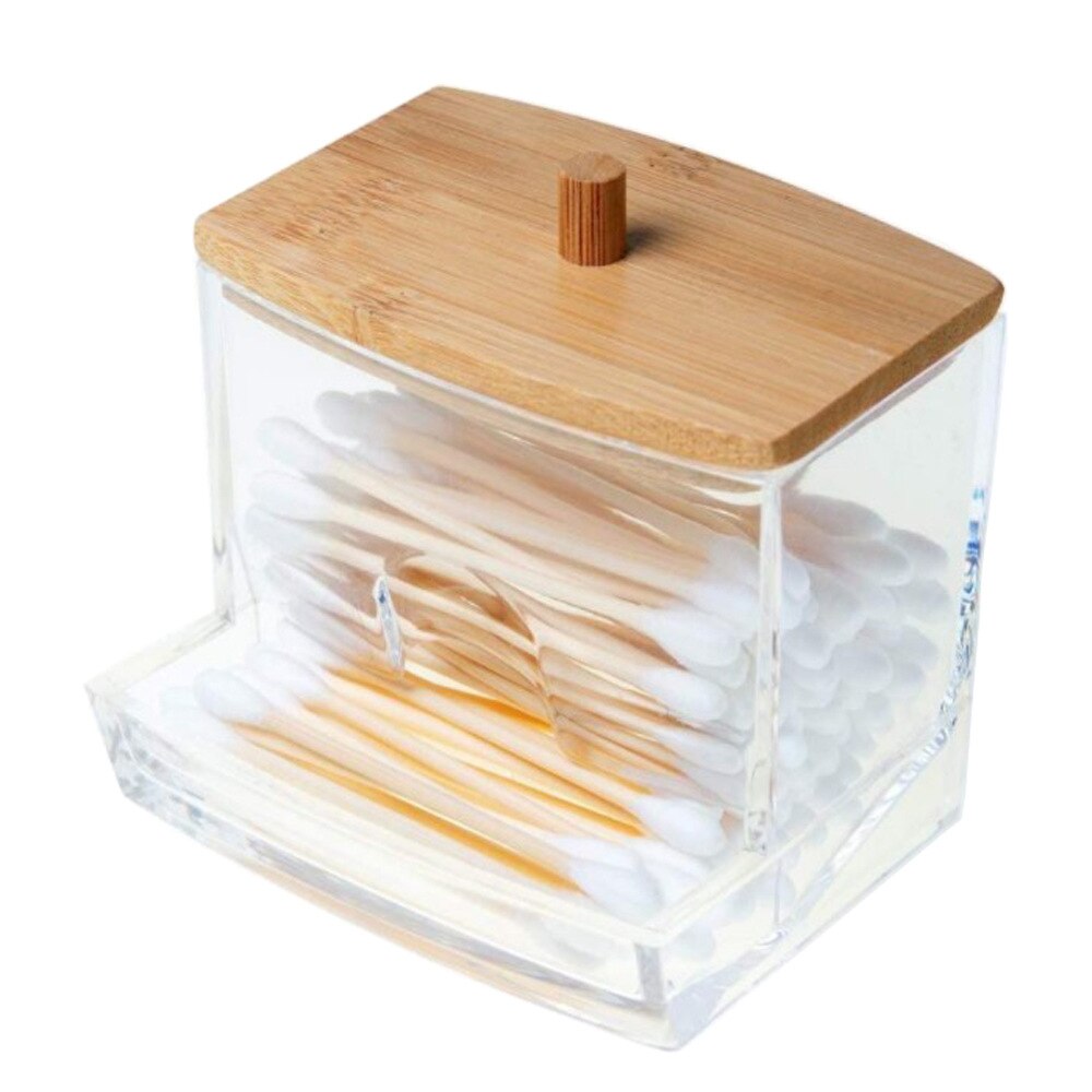 Makeup Cotton Pad Organizer Bathroom Storage Box for Cotton Swabs Cosmetics Jewelry Makeup Remover Pad Container with Bamboo Lid: A 1