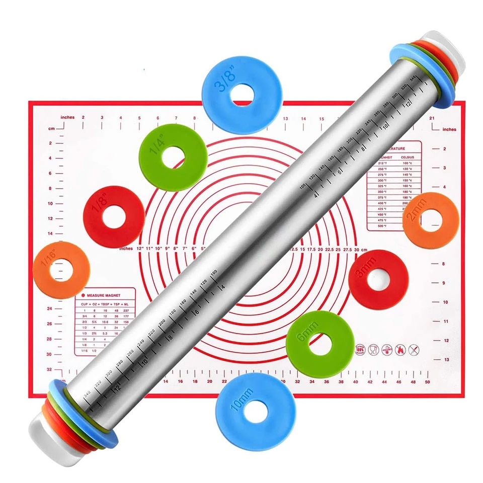 Verstelbare Deegroller Deeg Mat Deeg Roller Rvs Fondant Cake Tool Deeg Roller 4 Verwijderbare Ring Voor Pizza