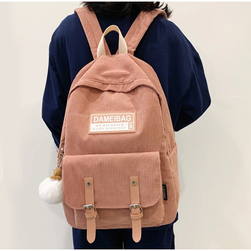 Stripe Corduroy Back Pack Women Cute School Bag Teenage Girls Backpack Harajuku Student Lady Book Bags With Pendant