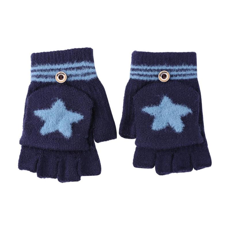 2 pçs inverno flip dedo luvas espessadas luvas de esqui estrelas dos desenhos animados mão muff: Navy Blue