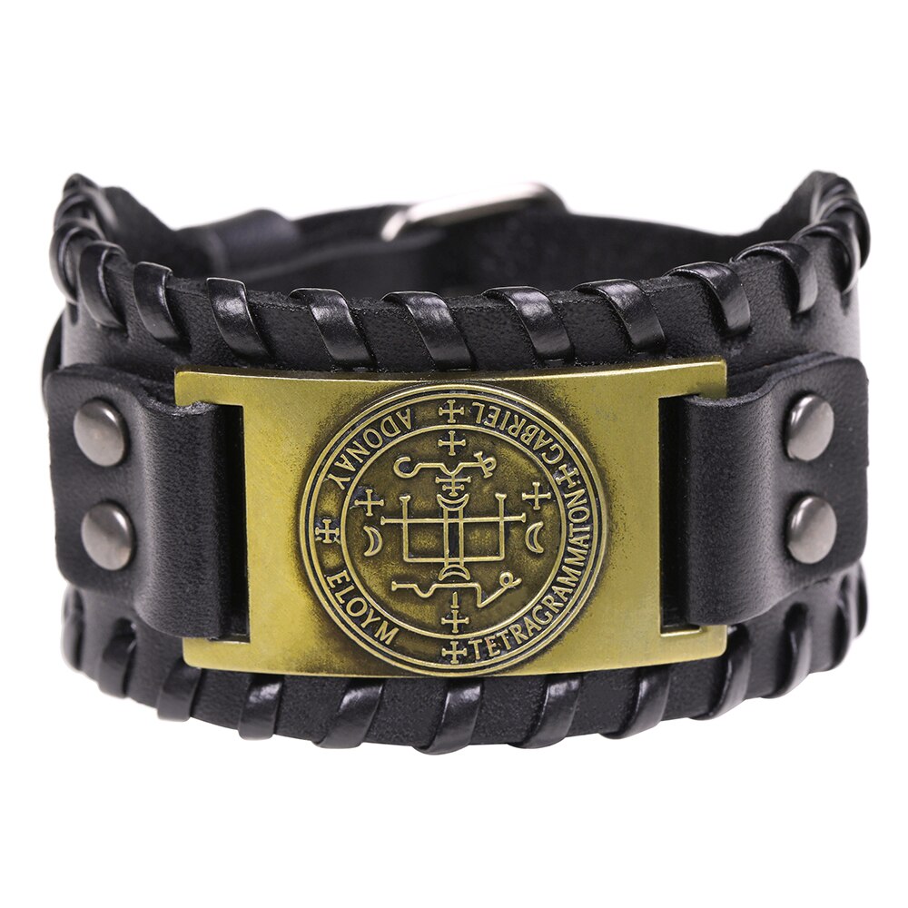 Skyrim Sigil Van Aartsengel Viking Brede Leren Armband Michael Raphael Talisman Vintage Angel Gothic Vermogen Bangles Man Sieraden: wide black-bronze