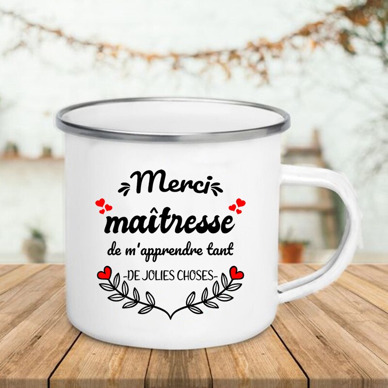 Taza de esmalte con estampado francés, tazas creativas de café, té, bebidas, postre, desayuno, leche, ASA, vasos, los mejores para profesores: XH3769-A015WH-8