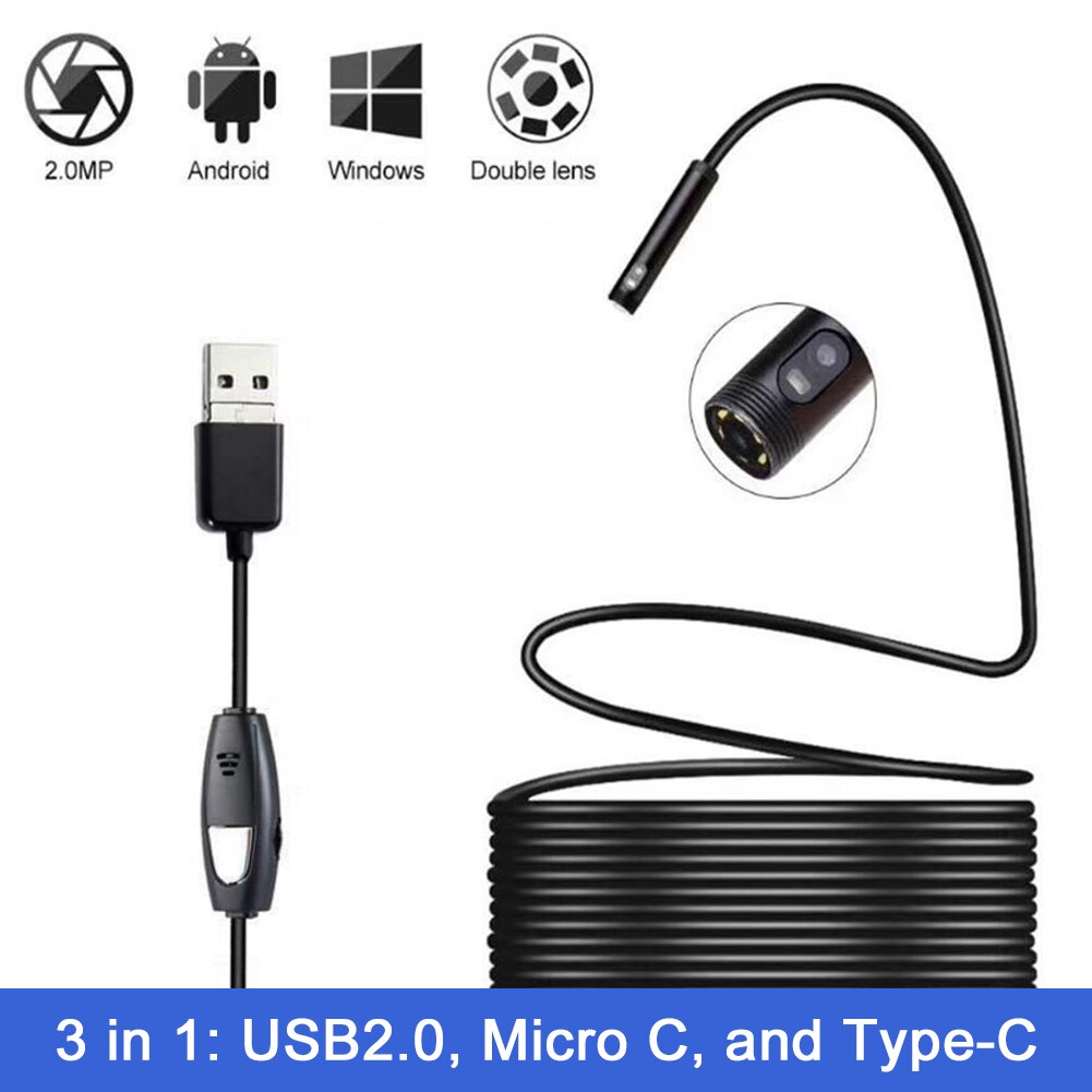 3 In 1 Inspectie Camera Met Kabel Smartphone Industriële Endoscoop Dual Lens Flexibele Waterdichte Verstelbare Led Hd Borescope