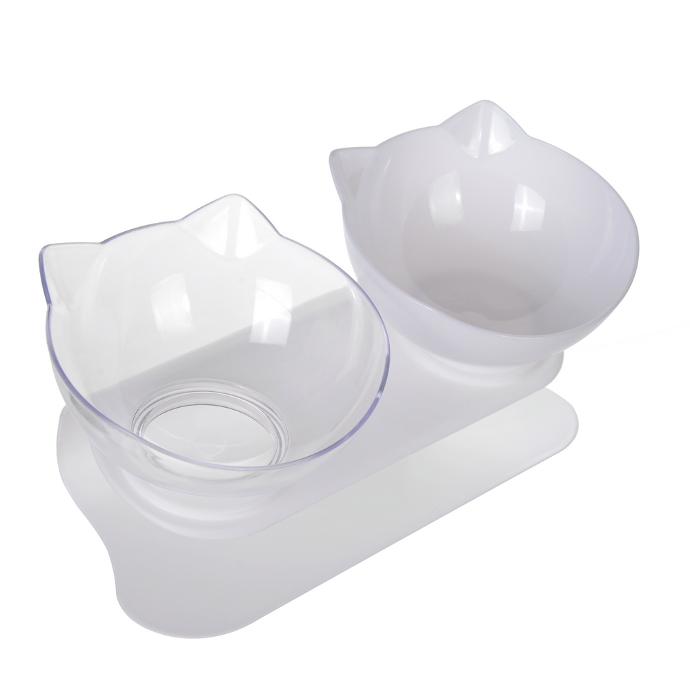 Double Cat Feeding Bowl PC Plastic Cat Shape 2 Cat feeder Container 15 Degree Tilted Pet Inclination Stand Cats Feeding Bowl: Blue