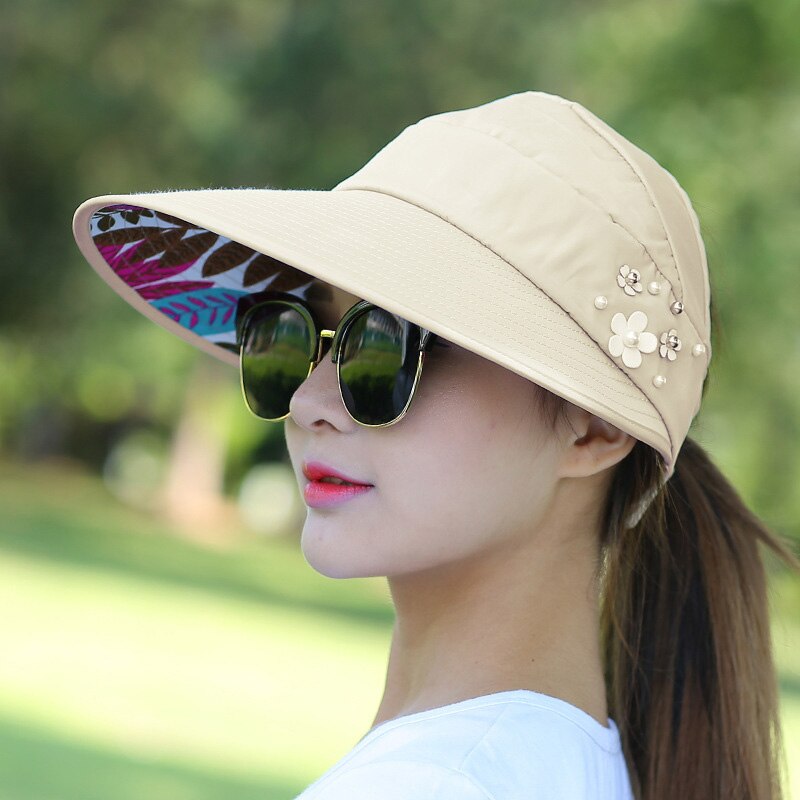 Kvinder dame solhat strand hat uv beskyttelse anti-uv visir foldbar hætte til udendørs  b2 cshop: Beige