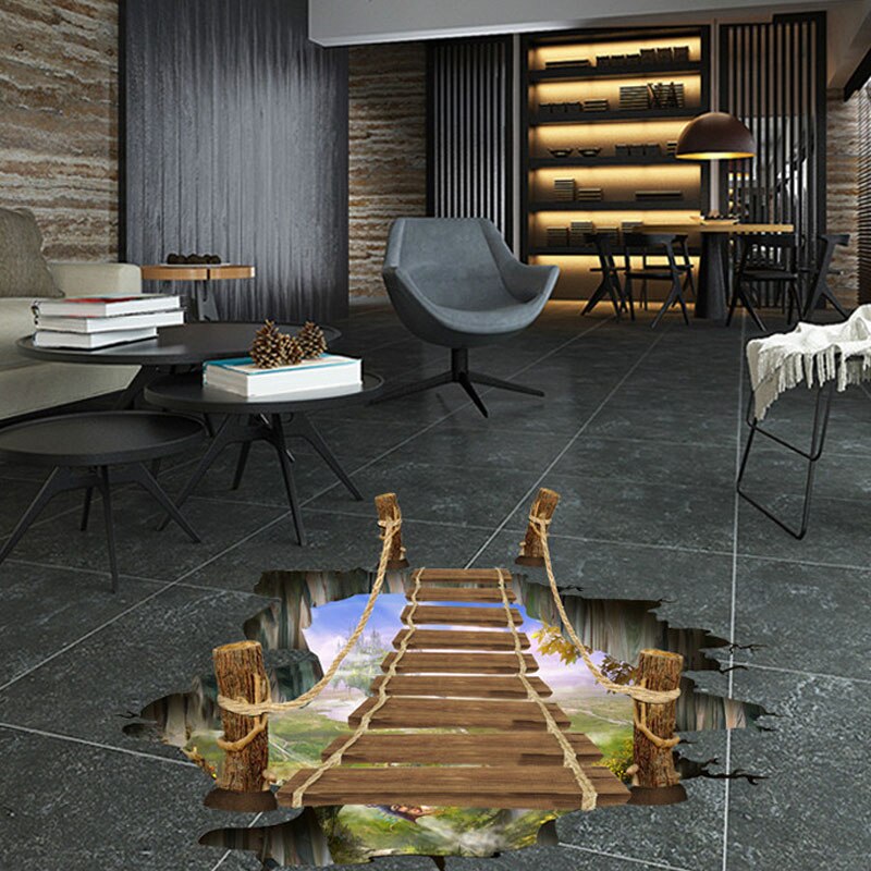 Mural pequeño en 3D, puente suspendido, Fondo de foto de paisaje natural, papel pintado de suelo para decoración de baño FP8