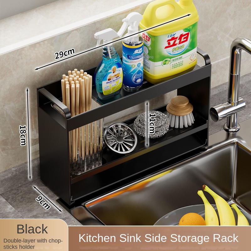 Kitchen sink storage rack without punching household multi-function drain rack sponge rag rack wall-mounted storage tool: Rose
