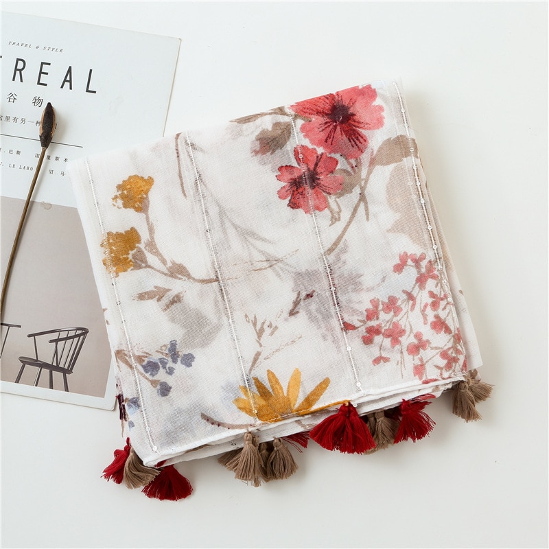 Foulard bohème pour femme, hijab blanc imprimé bohème, écharpe chaude en viscose, marque de luxe, couverture enveloppante pour femme