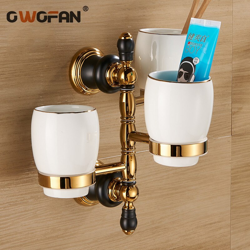 Portavasos de porcelana ajustable para baño, soporte de lujo de oro para tres tazas, para cepillo de dientes, montado en la pared, XL66836