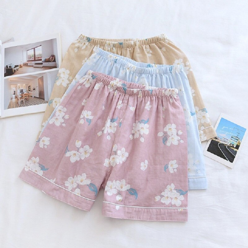 Summer Ladies Cute Floral Printed Household Shorts Loose Thin Elastic Wasit 100% Gauze Cotton Sleep Bottoms Women Comfort