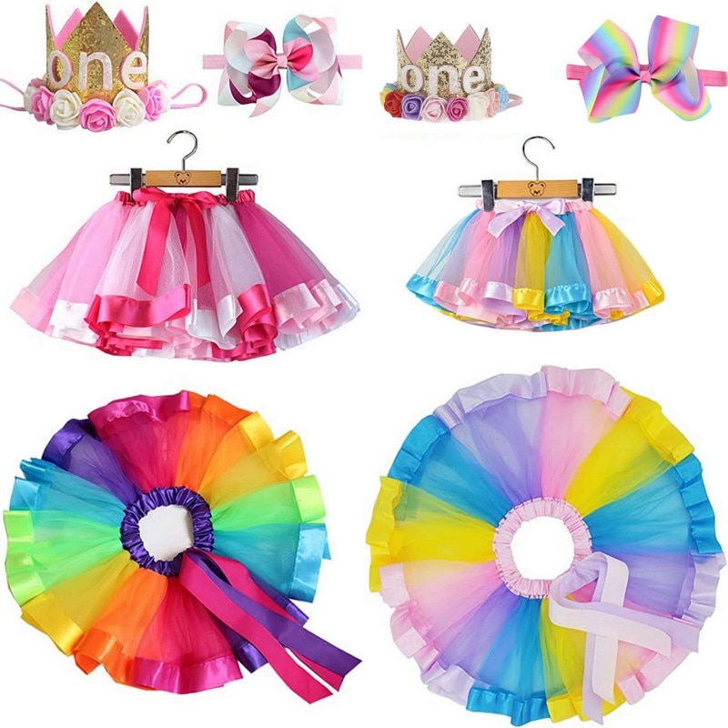 1Set Baby Meisje Boog-Knoop Hoofdband Party Dance Kinderkleding 3-7Yrs Regenboog Prinses Tutu Rok Tule Rok Pak