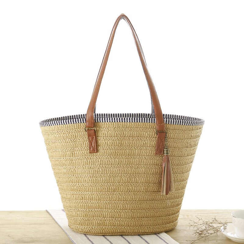Moda feminina verão palha grande sacola praia borla casual bolsa de ombro bolsa artesanal cesta de armazenamento sacola de compras: Light brown