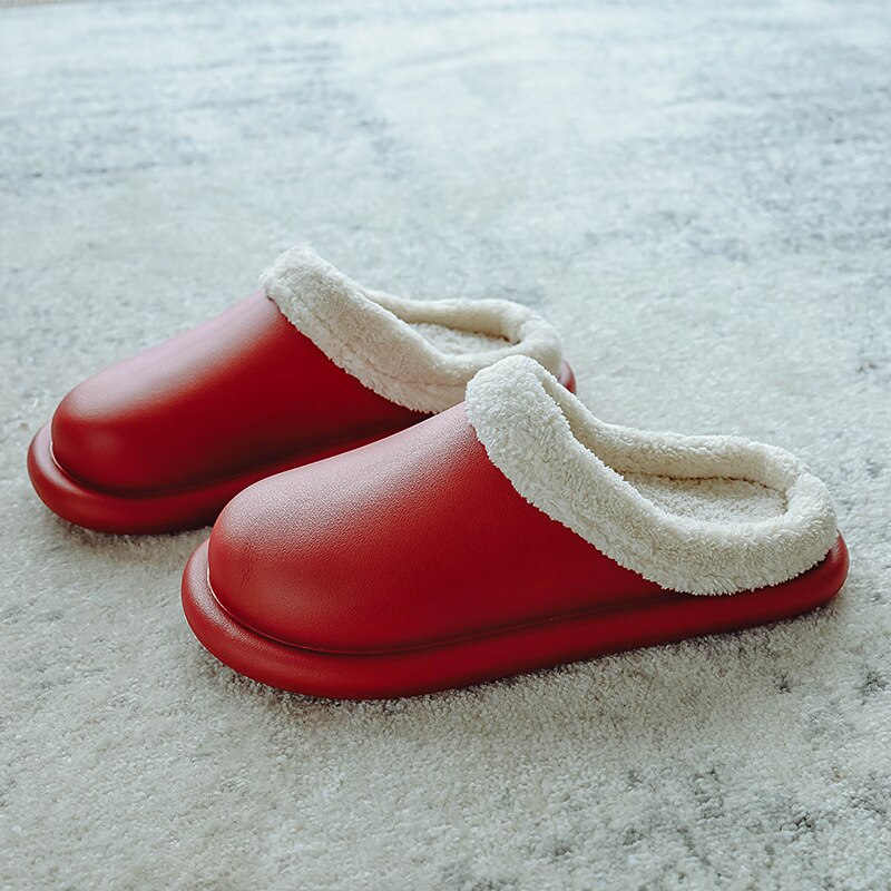 Herfst en winter huispantoffels heren dames waterdichte platform katoenen pantoffels dikke bodem antislip binnen warm zacht: Rood / 36-37