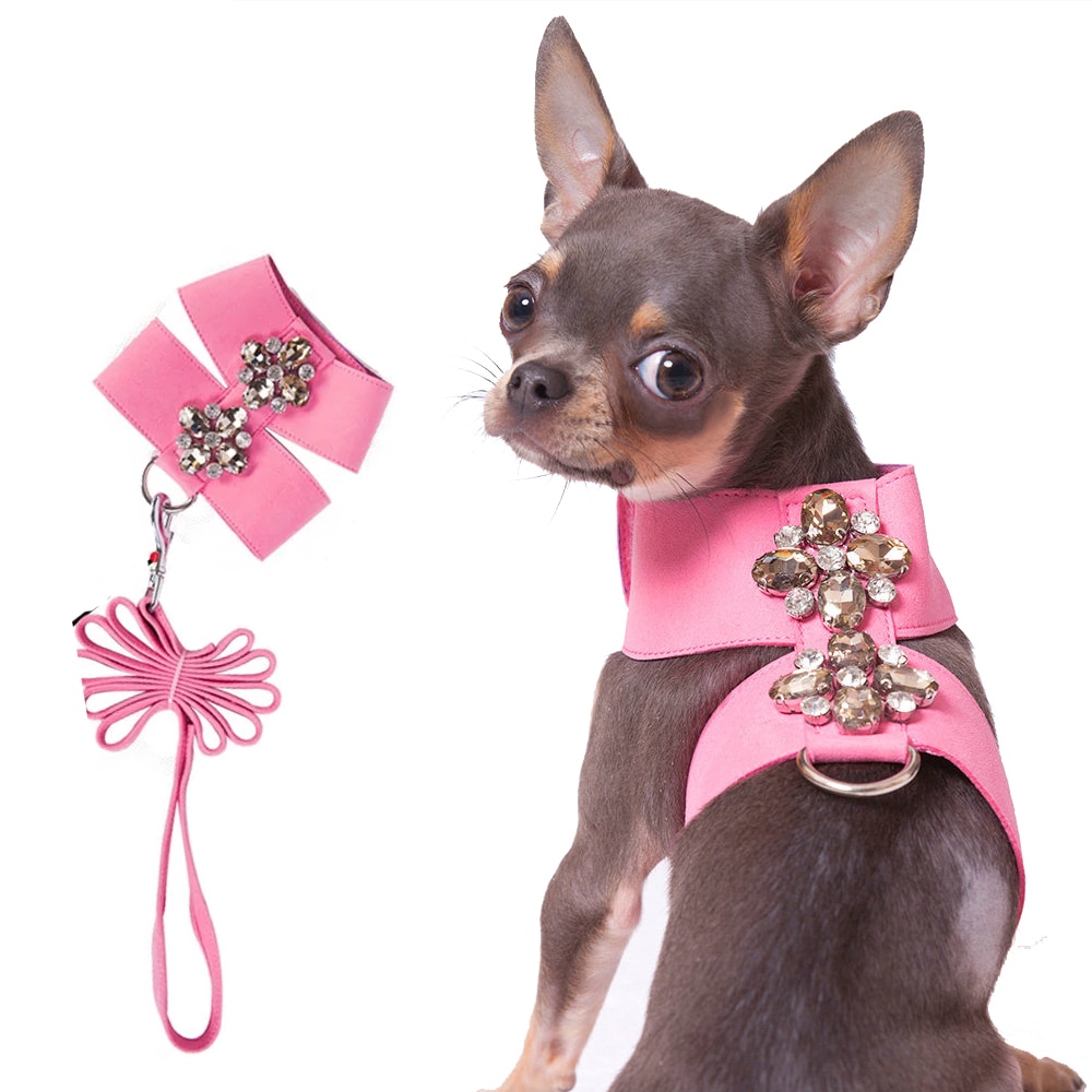 Roze Prinses Leuke Hond Harnas Bling Strass Comfort Stap Pet Harnassen Met Lead Leash Set Kleine Medium Rassen Animal Katten